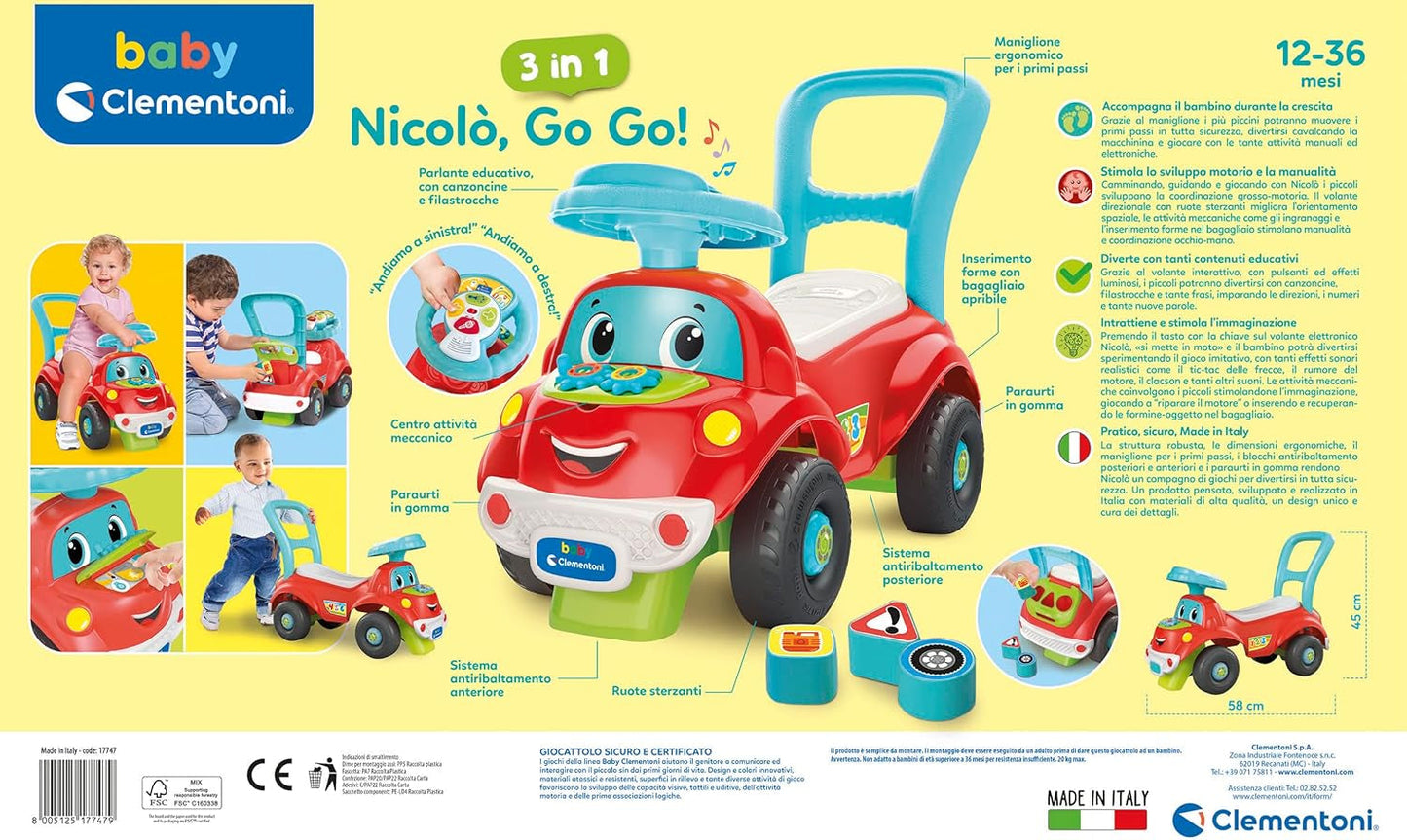 Clementoni - 17747 - Nicolò Go Go 3 in 1 - Macchinina, altoparlante elettronico didattico, primi passi, luci e suoni, gioco per bambini da 1 anno - Made in Italy Bebe Toys Naty Shop