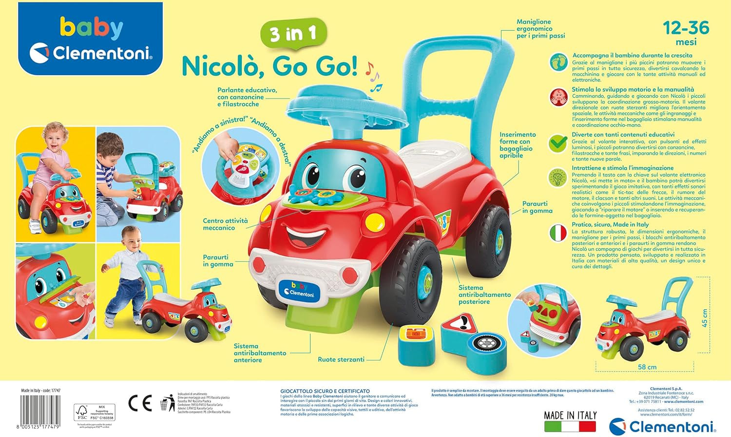 Clementoni - 17747 - Nicolò Go Go 3 in 1 - Macchinina, altoparlante elettronico didattico, primi passi, luci e suoni, gioco per bambini da 1 anno - Made in Italy Bebe Toys Naty Shop