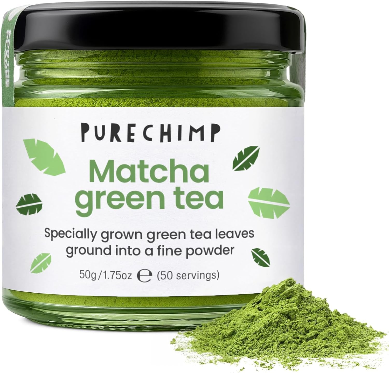 Polvere di matcha di grado cerimoniale Purechimp 50 g. Polvere di tè coltivata all'ombra pura al 100% per latte macchiato, infusi e ricette. Barattolo riciclabile. Ricco di antiossidanti.