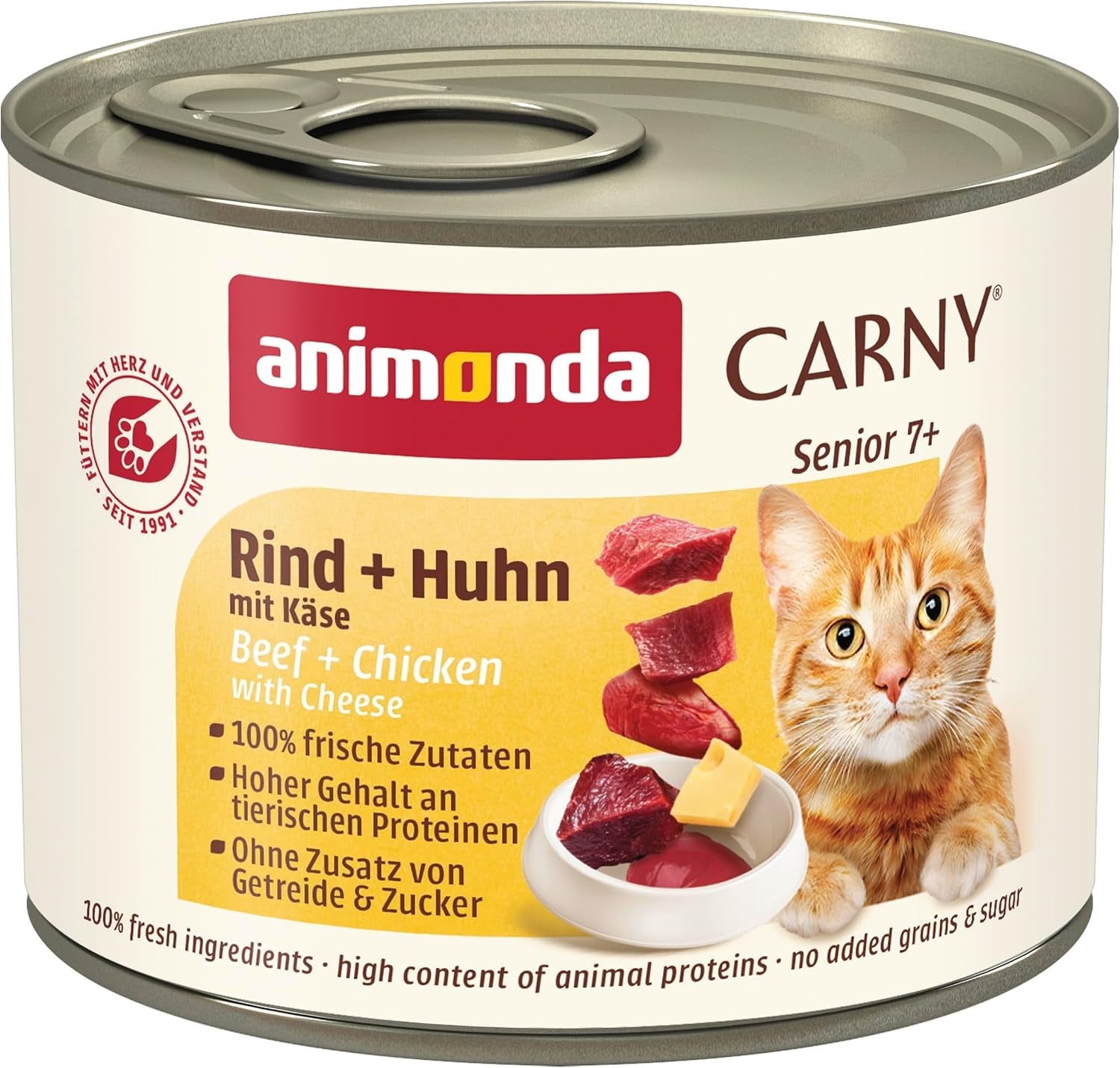 Animonda Carny Senior Cibo umido per gatti con manzo + pollo + formaggio (6 x 200 g), cibo umido senza cereali e senza zucchero per gatti dai 7 anni in su, con ingredienti freschi e carnosi