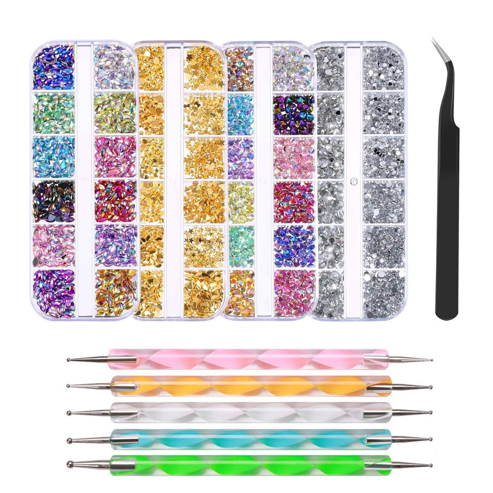 Strass per unghie con strumenti a punti, Decorazione unghie 3D, Set pietre glitter per unghie, Glitter per nail art, Accessori per unghie Design per unghie con pinzette