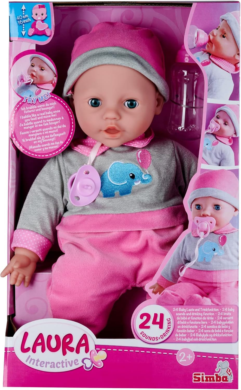 Simba 105140066 - Laura Interactive, bambola dal corpo morbido con occhi assonnati, balbetta quando viene spostata, beve dal biberon e si addormenta, 40 cm, bambola per bambini da 2 anni
