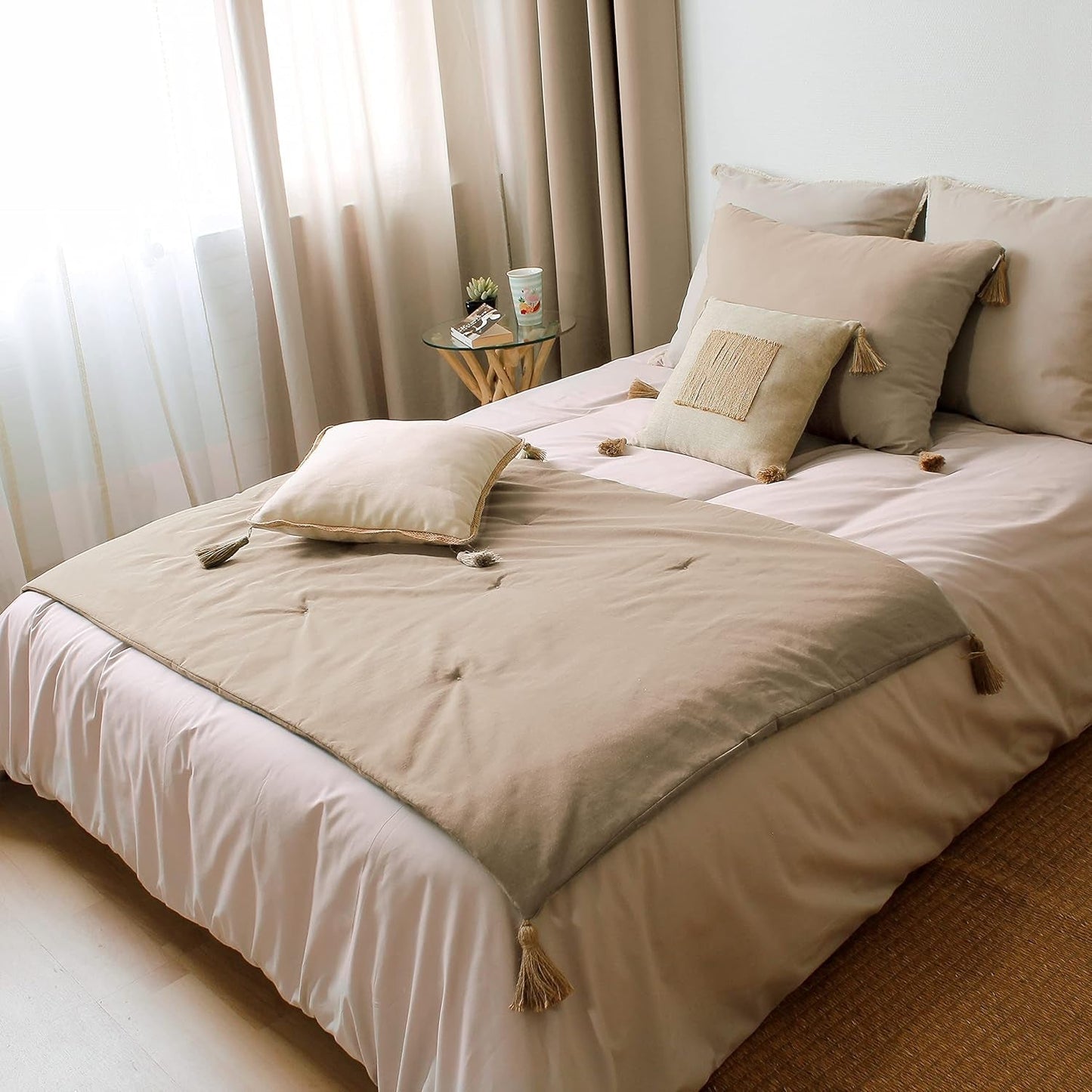 Coperta Enjoy Home, Beige, Naturale, Con 4 Pompon In Iuta, 90 X 190 Cm, 100% Cotone, Certificato Oeko-Tex, Collezione Panama Naty Shop Coperte e Trapunte