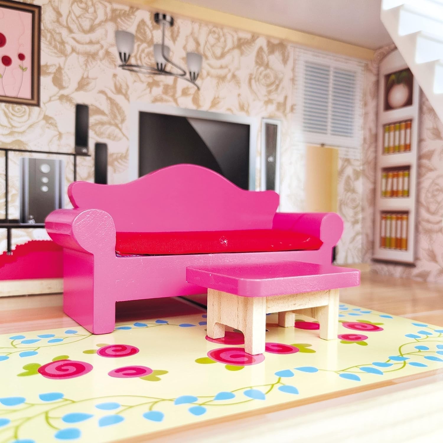 Bino World of Toys Casa delle bambole con balcone, giocattolo per bambini a partire da 3 anni, con 3 piani, scale, 4 stanze e balcone incl. 15-TLG. Accessori, Per promuovere le abilità dei bambini, Case delle bambole Naty Shop dal design rosa