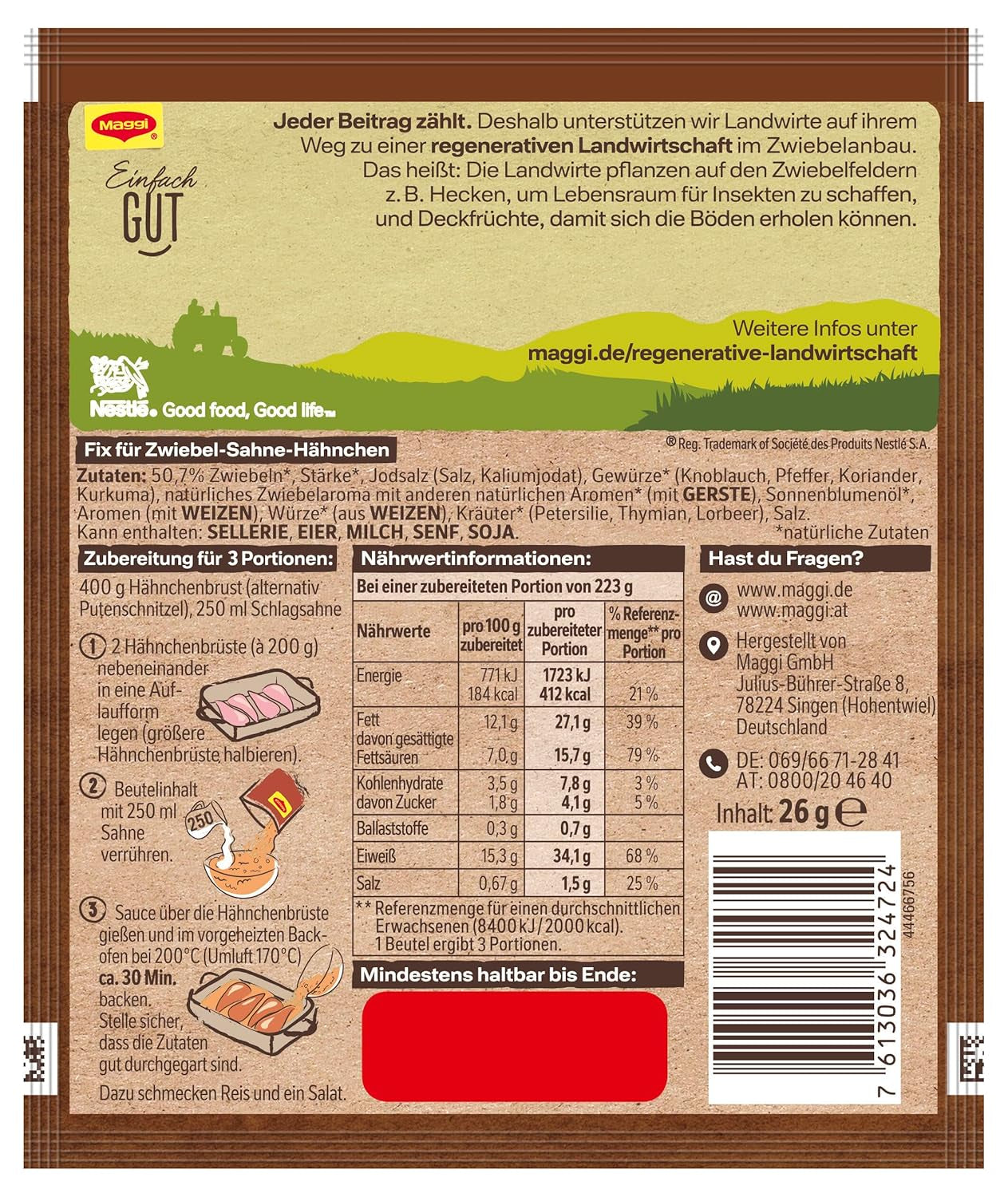 MAGGI Fix für Zwiebel-Sahne Hähnchen, Würzmischung, mit natürliche Ingredient*, für 3 Portionen, 1er Pack (1 x 26g)