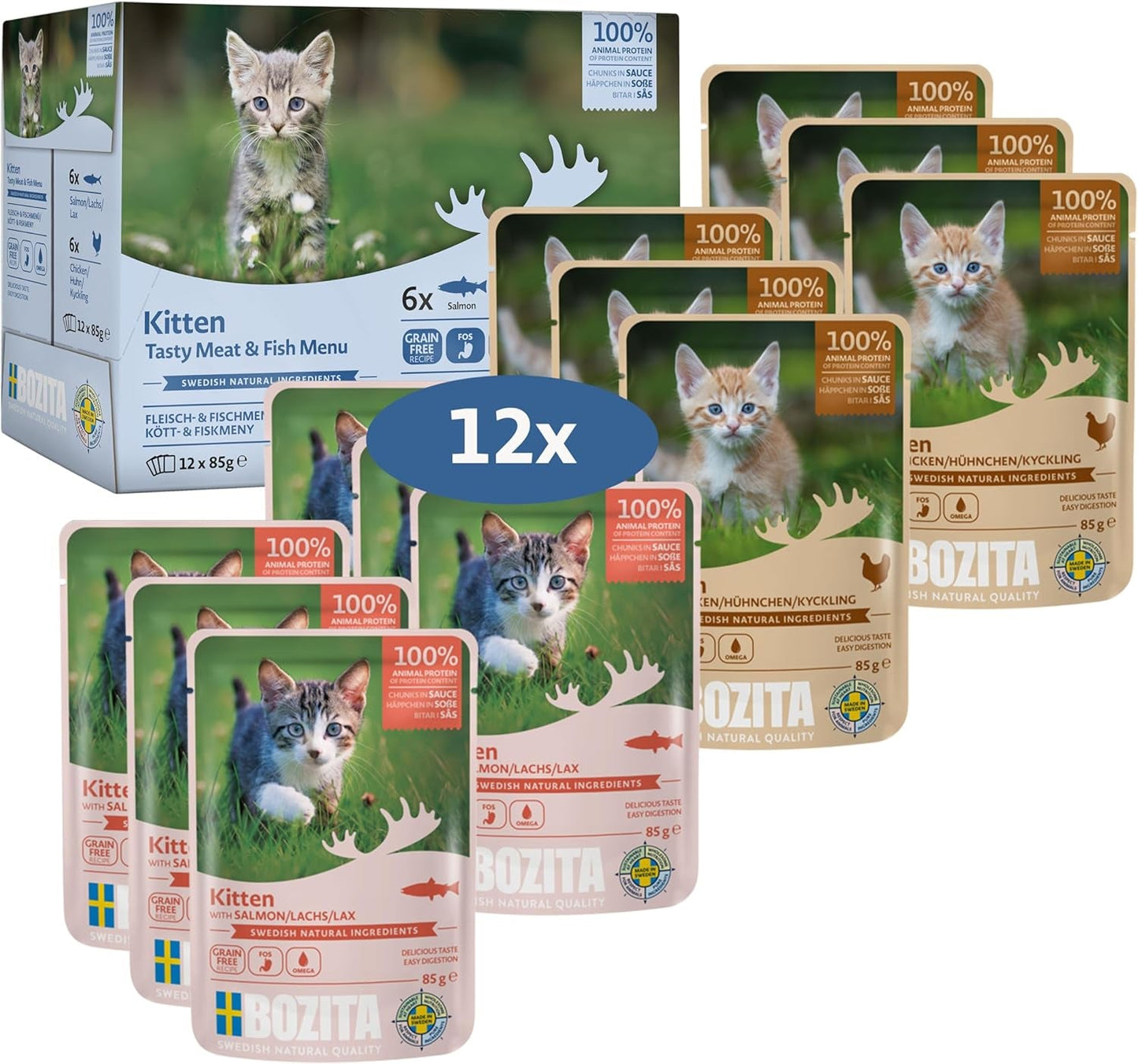 Bozita Nassfutter Häppchen in Sauce mit Fisch und Fleisch - 12x85g Portionsbeutel getreidefreies & weizenfreies Futter für Katzen - Katzennassfutter für Adult-Katzen mit 8.5% Protein & 4.5% Fettgehalt