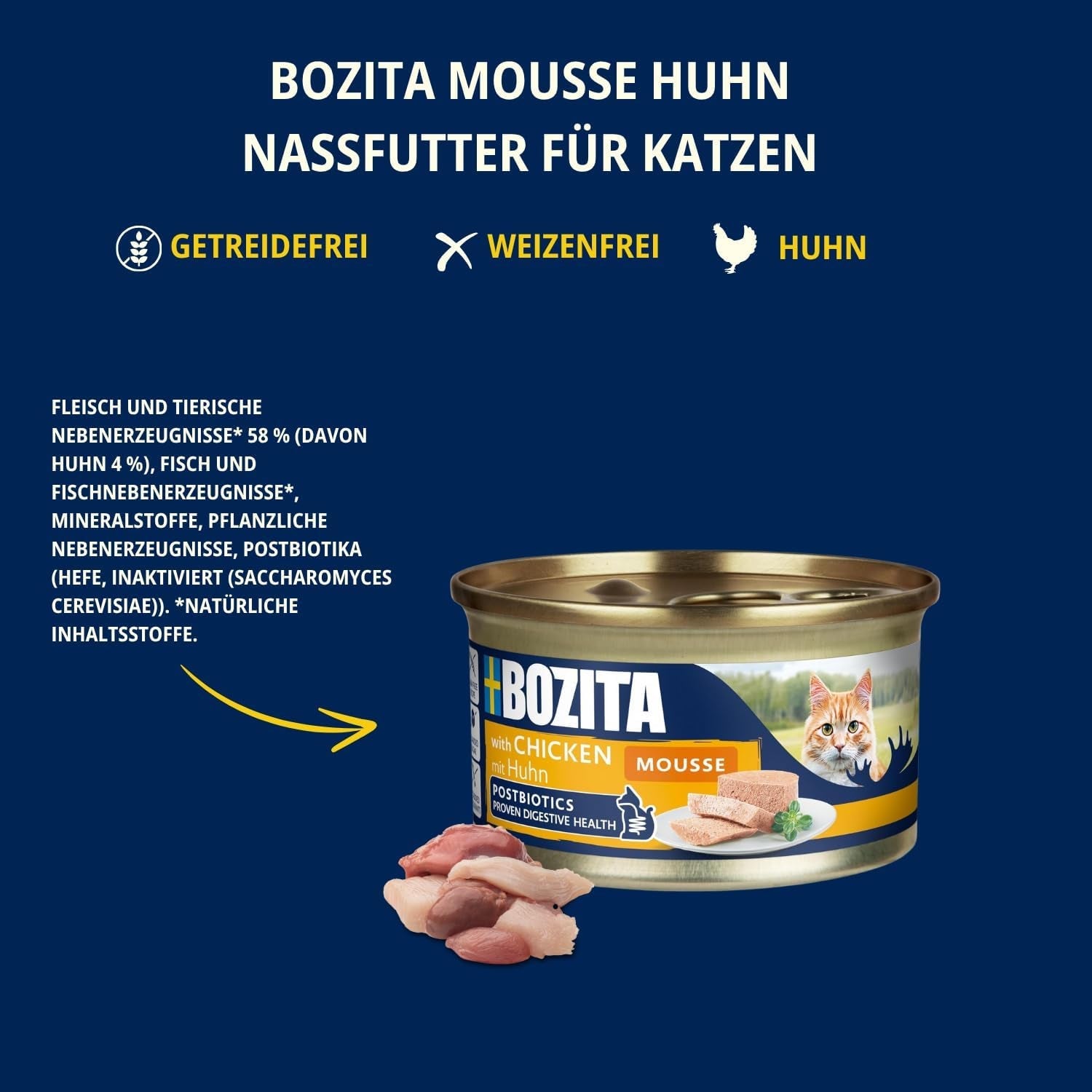 Bozita Mousse Pollo - 12 x 85 g di cibo umido per gatti con una consistenza fine di mousse e pollo - ricetta senza cereali, senza zuccheri aggiunti - con postbiotici per supportare la sana flora intestinale