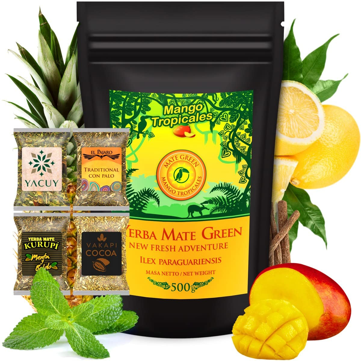Set da tè Yerba Mate ● Tè Mate al Mango Tropicales 500G ● Set da tè Mate 4X25G ● Tè Mate con frutta ● Tè Yerba Mate con mango, ananas, limone