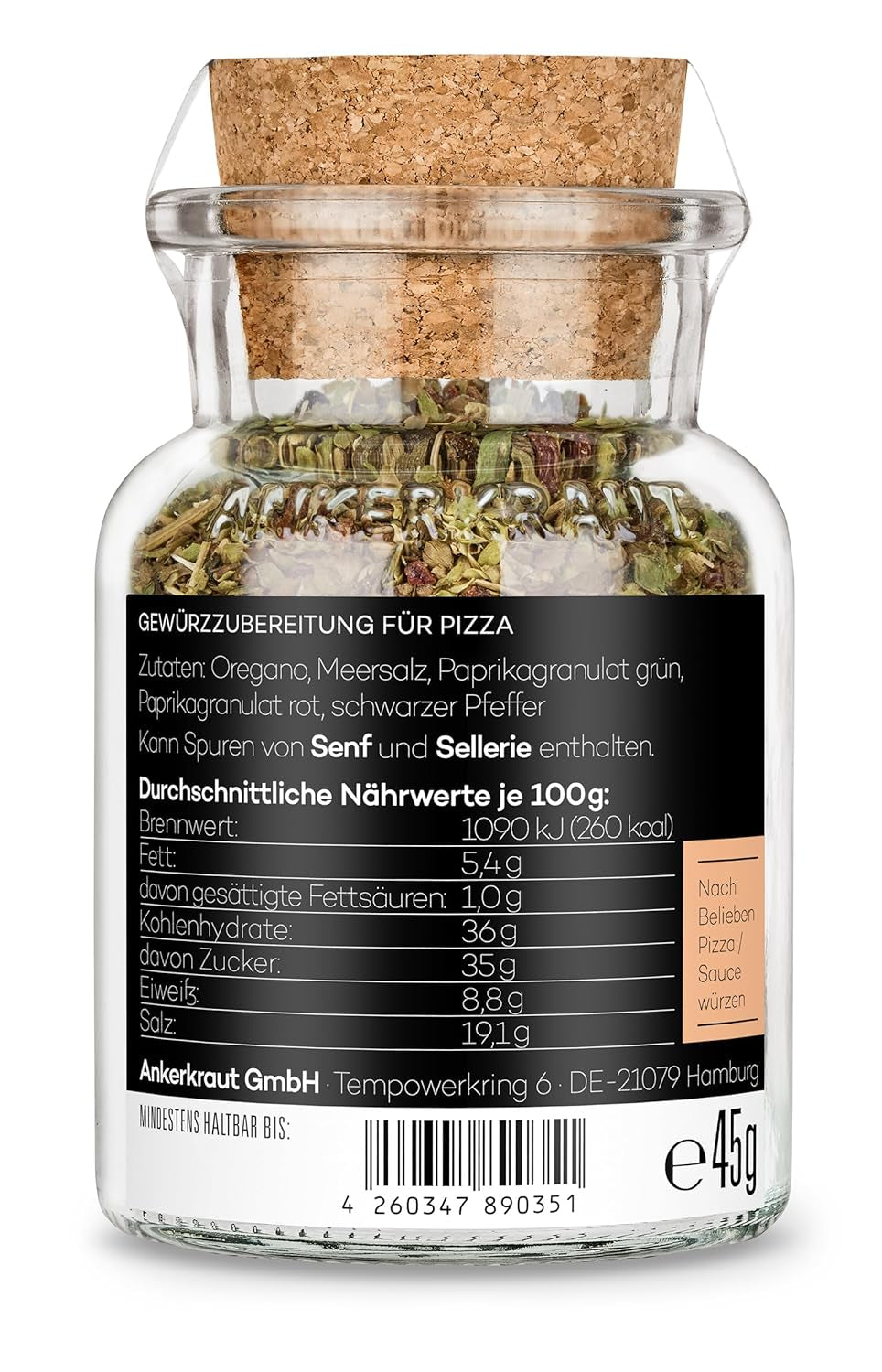 Ankerkraut Pizza, per il gusto italiano originale, come dallo Steinofen, anche per pasta, pomodoro-mozzarella e molti altri piatti, 45 g in vetro di sughero