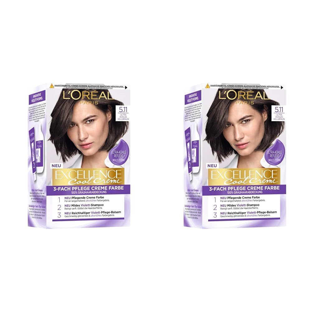 L'Oréal Paris Tintura permanente per capelli con risultato colore ultra cool, copertura al 100% dei capelli grigi, set con tintura, shampoo e crema curativa, Excellence Cool, n. 5.11 Marrone Chiaro (Marrone) (Confezione da 2) Tinture per capelli Naty Shop Titolo predefinito