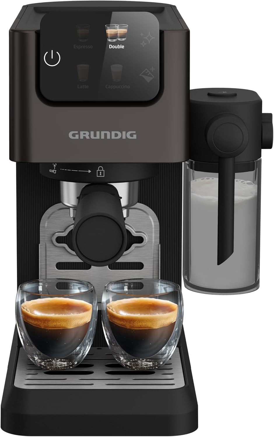 Macchina per caffè espresso portafiltro GRUNDIG KSM 5330 con contenitore del latte integrato, potenza 1628 W, pressione della pompa 15 bar, doppio ugello, display touch a colori, BrewSense, CreamyPro, Acciaio inossidabile scuro/Nero