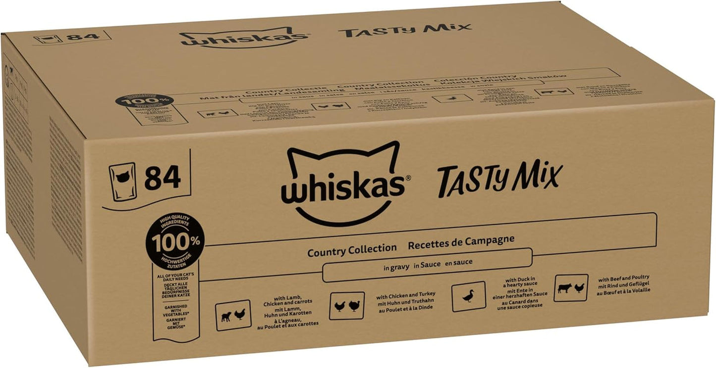 Whiskas Adult Cibo umido 1+ Tasty Mix Country Collection in salsa, 84 bustine, 84 x 85 g (1 confezione sfusa) - Cibo umido di alta qualità per gatti adulti