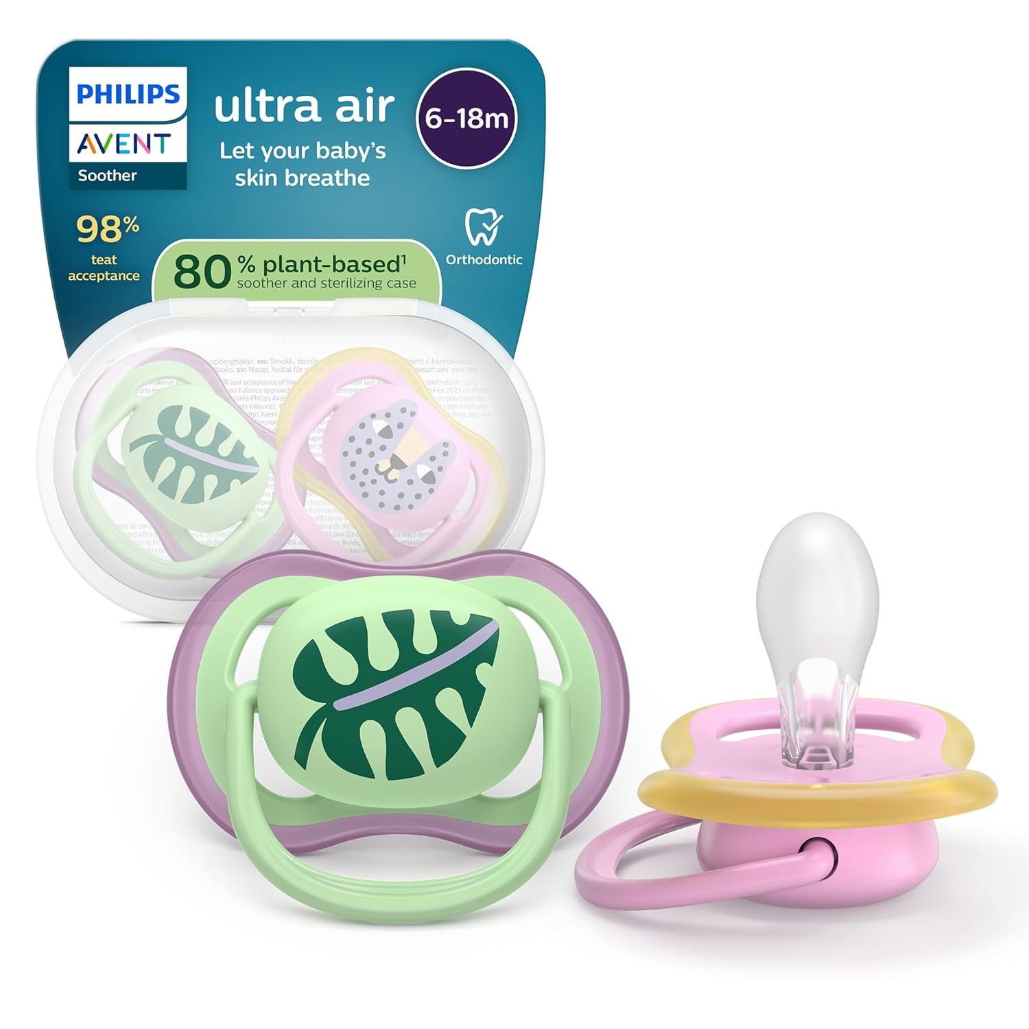 Succhietti Philips AVENT ultra air - confezione da 4 succhietti traspiranti senza BPA per bambini 6-18 mesi, inclusa custodia per il trasporto e sterilizzazione, modello tartaruga/balena (modello SCF085/66)