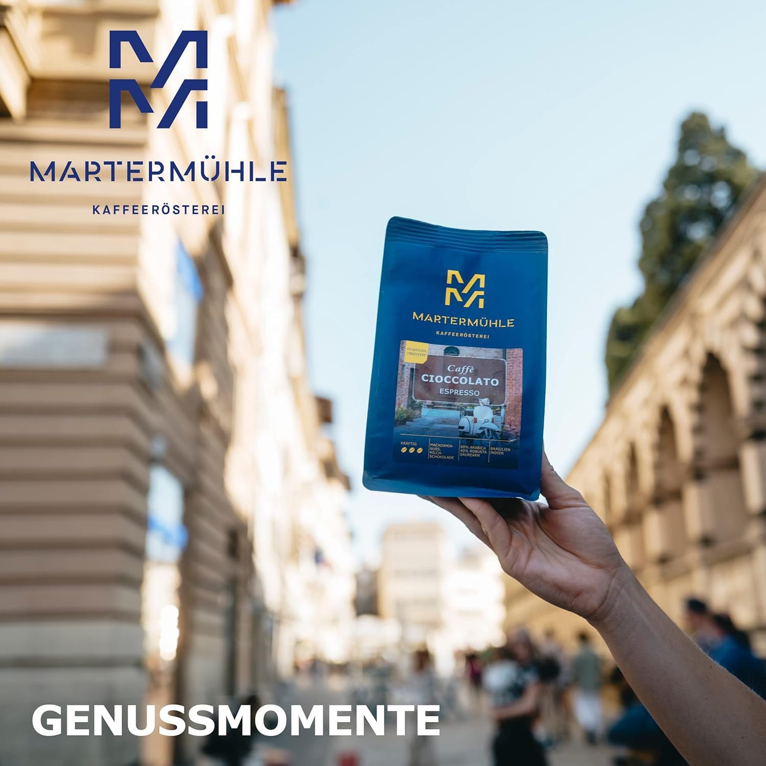 Chicchi di caffè espresso Martermühle Cioccolato 500g Forte | Arabica/Robusta | Gusti: Noci di macadamia, cioccolato al latte | Chicchi di caffè espresso interi tostati leggermente, bassa acidità