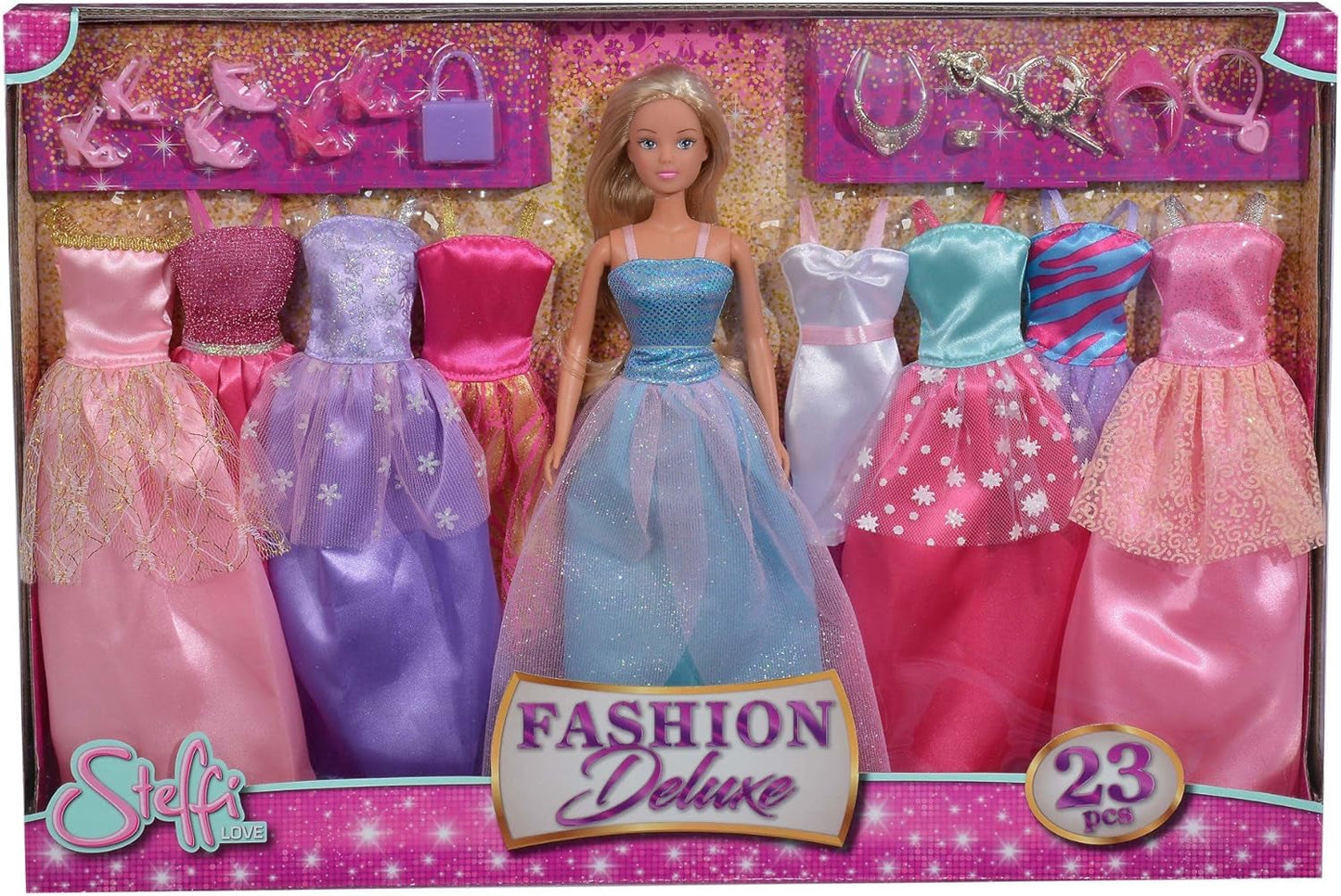Simba 105733092 - Steffi Love Fashion Deluxe Abito da sera bambola con otto vestiti extra e accessori coordinati, 23 pezzi, 29 cm, dai 3 anni in su