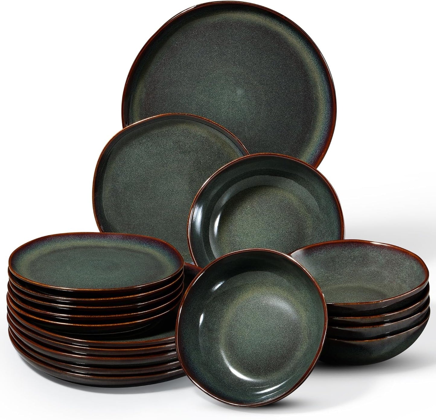 Set di stoviglie per 6 persone, set da portata in gres da 18 pezzi, ciotole per cereali rotonde irregolari, piatti da dessert, piatti piani, resistenti ai graffi adatti al microonde, verde muschio reattivo
