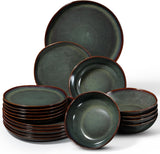 Set di stoviglie per 6 persone, set da portata in gres da 18 pezzi, ciotole per cereali rotonde irregolari, piatti da dessert, piatti piani, resistenti ai graffi adatti al microonde, verde muschio reattivo