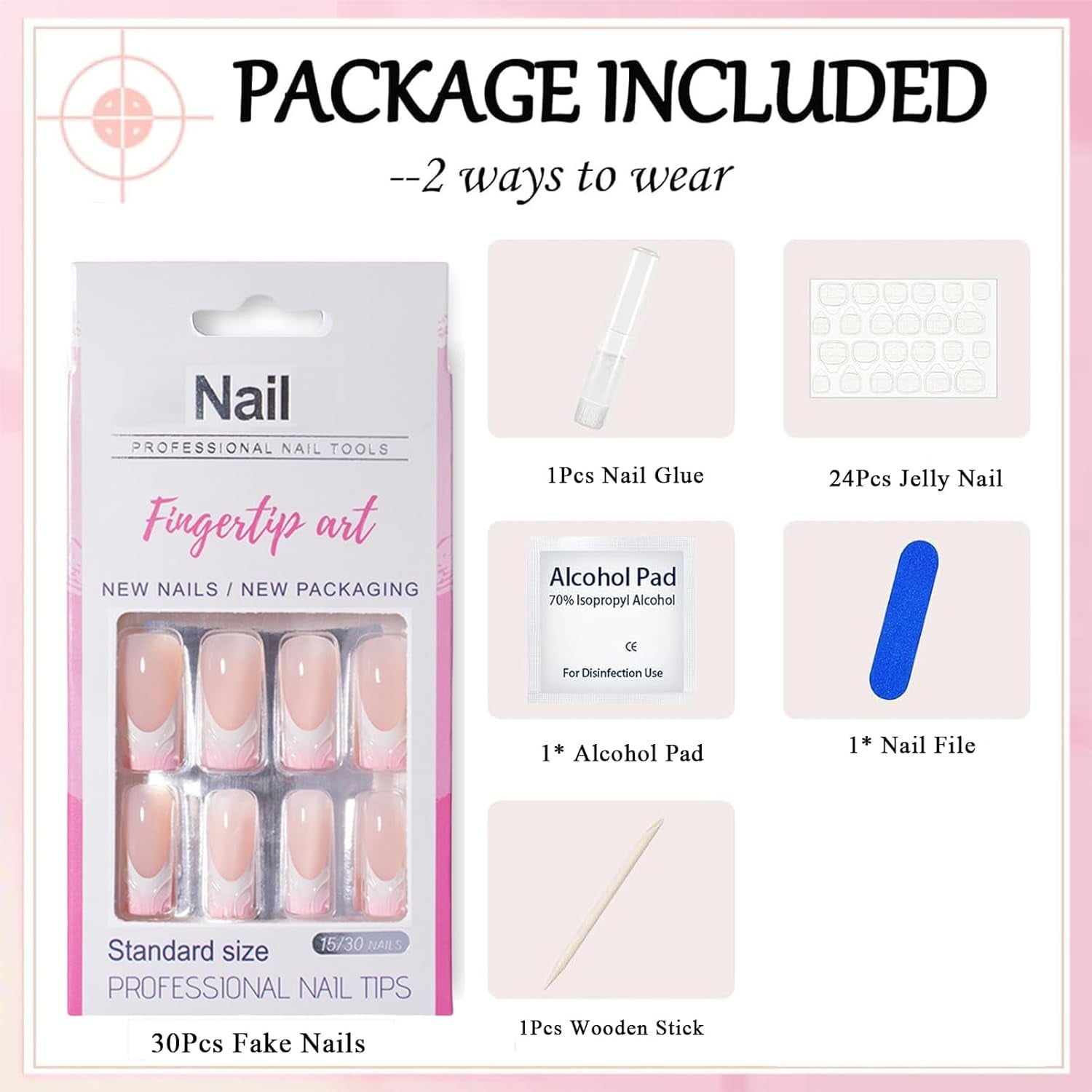 30 unghie finte francesi - colla su unghie artificiali - unghie in gel morbido per donne - manicure quadrata per unghie adesive acriliche (rosa francese)