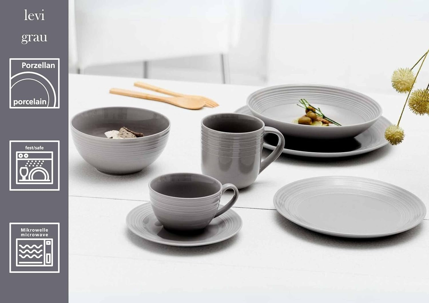 Ritzenhoff & Breker Levi Servizio da tavola da 16 pezzi, Piatti, Ciotole e tazze per 4 persone, Design scandinavo con fine rilievo scanalato, Stoviglie Mix & Match, Porcellana, Bianco e Grigio