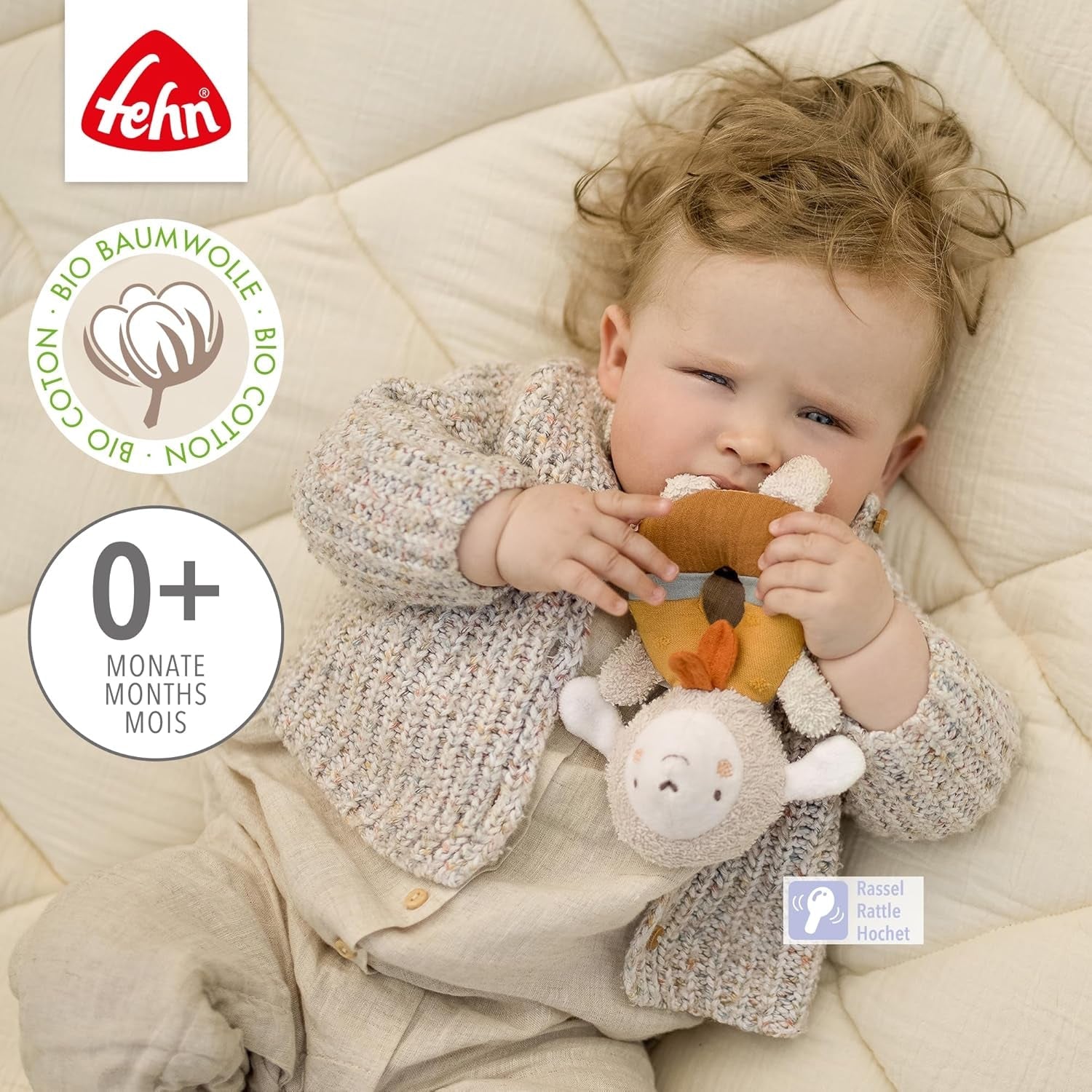 Fehn anello da presa per bebè pecora fehnNATUR - peluche con cotone biologico - giocattolo per bebè con campanello e gioco didattico - giocattolo da afferrare per neonati e bambini da 0+ mesi Baby Toys Naty Shop