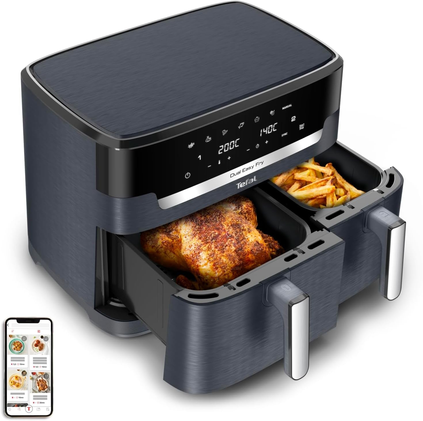 Friggitrice ad aria calda Tefal Dual Easy Fry con due camere, capacità 5,2/3,1 litri, due cassetti indipendenti, 7 programmi Elettrodomestici Naty Shop Grigio / Antracite