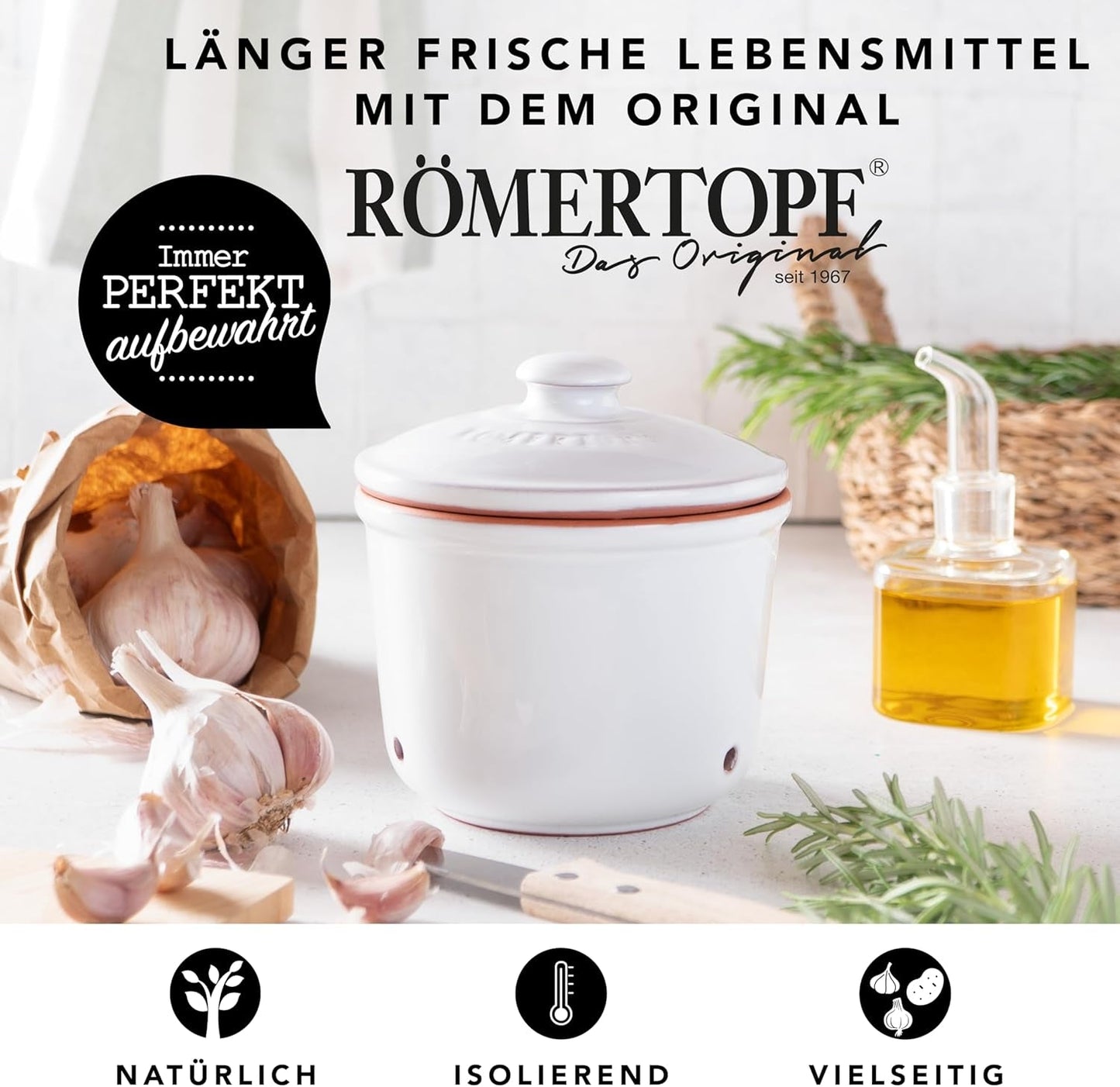 Römertopf Fresh Pot MINI 0,6 litri - Pentola per aglio in ceramica - L'argilla traspirante mantiene le verdure fresche più a lungo - Circolazione dell'aria ideale - Contenitori per alimenti bianchi Naty Shop