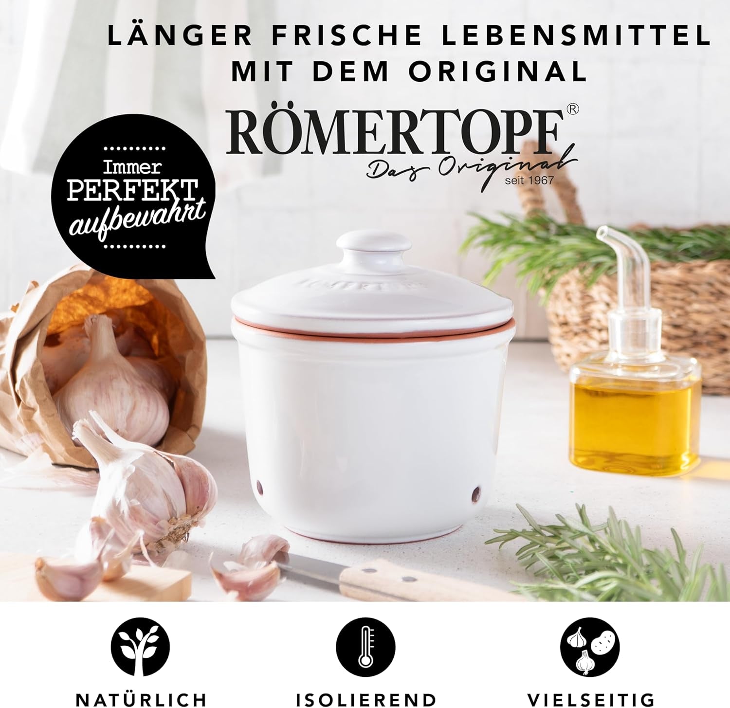 Römertopf Fresh Pot MINI 0,6 litri - Pentola per aglio in ceramica - L'argilla traspirante mantiene le verdure fresche più a lungo - Circolazione dell'aria ideale - Contenitori per alimenti bianchi Naty Shop