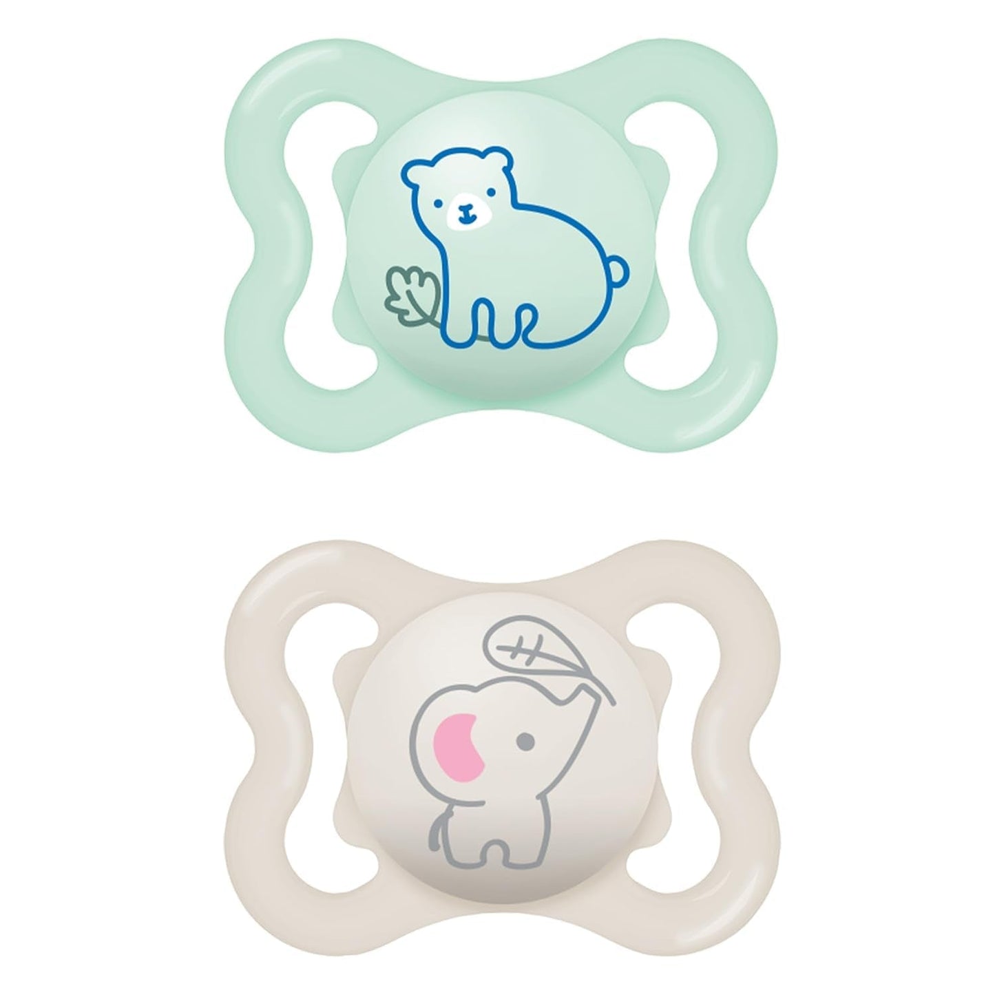 Succhietti in silicone MAM Air, confezione da 2, design extra leggero e arioso, succhietto per bambini adatto ai denti, in silicone speciale MAM SkinSoft con scatola per ciuccio, 6-16 mesi, orsetto/rinoceronte