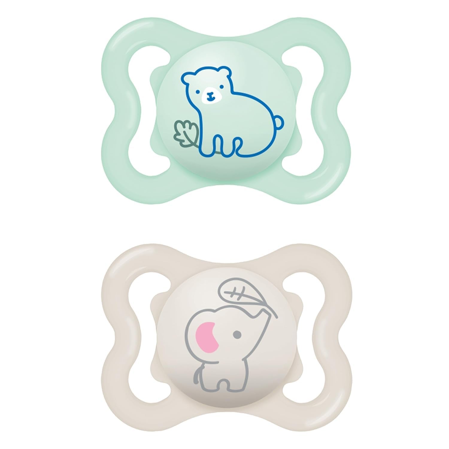 Succhietti in silicone MAM Air, confezione da 2, design extra leggero e arioso, succhietto per bambini adatto ai denti, in silicone speciale MAM SkinSoft con scatola per ciuccio, 6-16 mesi, orsetto/rinoceronte