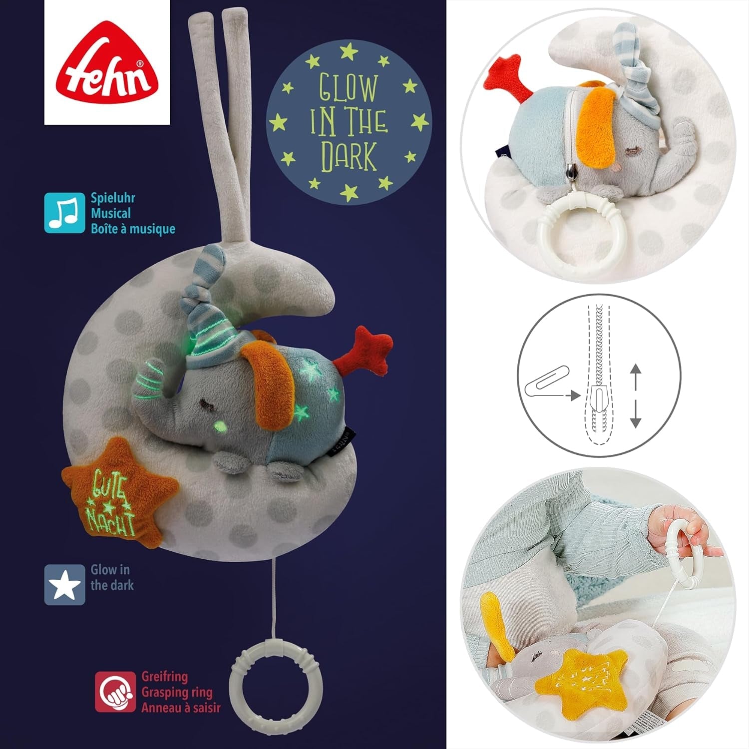 Carillon Fehn elefantino nella luna - ricamo "Glow-in-the-dark" con la canzone "The moon has rise" - peluche per addormentarsi - giocattolo per bambini in viaggio e a casa - da 0+ mesi Baby Toys Naty Shop