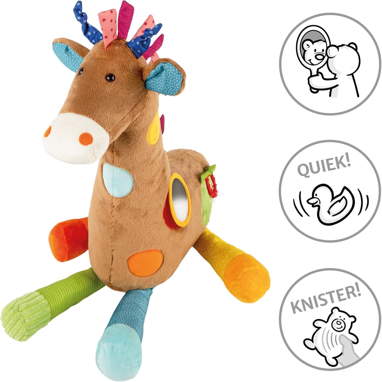 SIGIKID 42863 Giraffa XXL Giocattolo per bebè, Giocattolo educativo PlayQ, Peluche con anello da dentizione, Sonaglio, Specchio, Cigolio, per neonati e bambini a partire da 3 mesi, Multicolore/Giraffa 72 cm Giocattoli Bebe Naty Shop