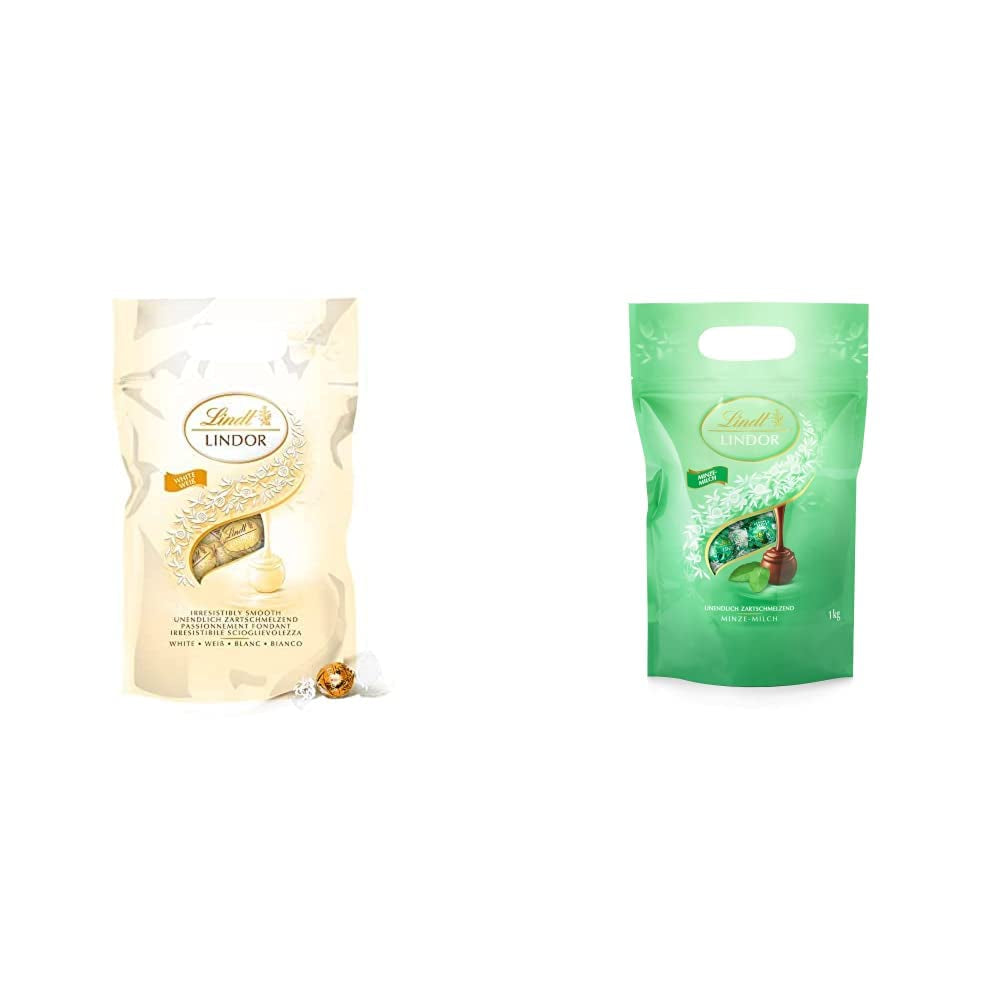 Palline di cioccolato bianco LINDOR, 1 kg e LINDOR | Busta richiudibile da 1 kg | ca. 80 palline di cioccolato al latte con ripieno di menta | Confezione sfusa, regalo pralinato, regalo cioccolato