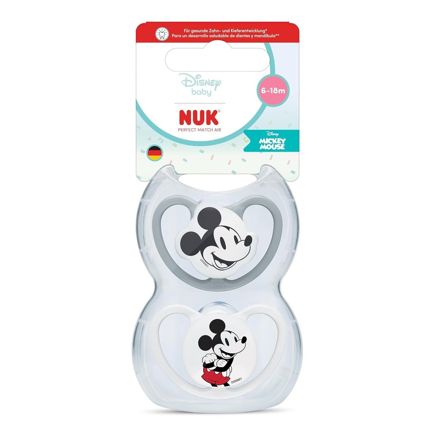Ciucci NUK Perfect Match per neonati | 6-18 mesi | Ciucci ortodontici che favoriscono la circolazione dell'aria e prevengono le eruzioni cutanee causate dalla saliva | 95% di accettazione da parte dei bambini** | Topolino Disney | Confezione da 2