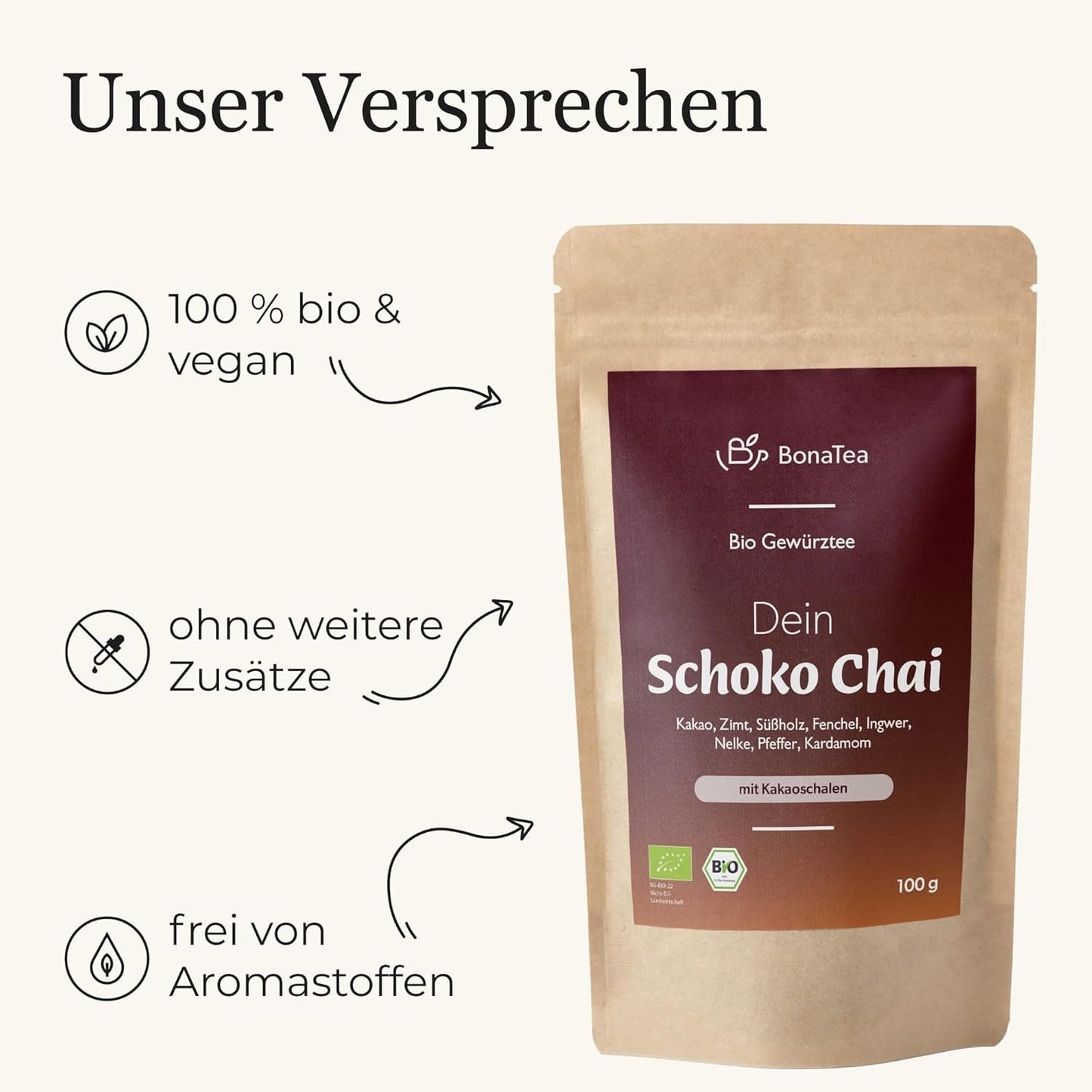 Tè speziato BIO Schoko Chai senza zucchero, con baccelli di cacao, cannella, liquirizia e altre spezie aromatiche Chai, 100 g