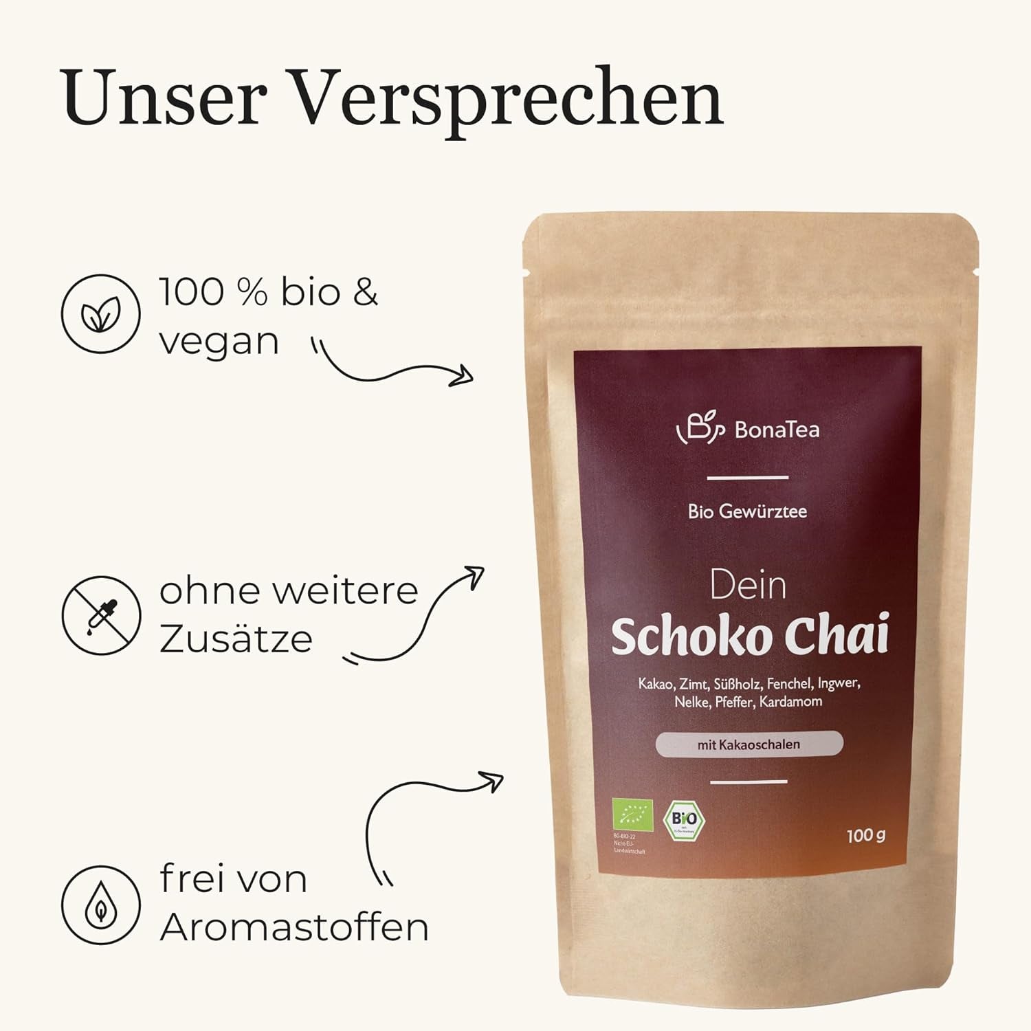 Tè speziato BIO Schoko Chai senza zucchero, con baccelli di cacao, cannella, liquirizia e altre spezie aromatiche Chai, 100 g