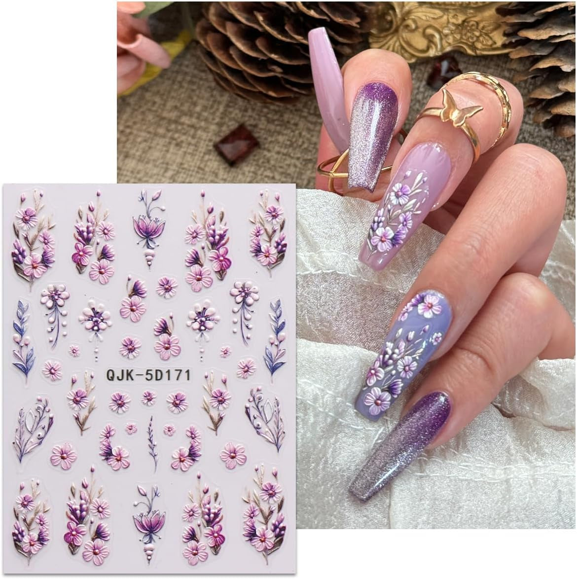 JMEOWIO 3D Nagelsticker Blumen Nail Art Sticker Selbstklebend Nagelaufkleber 5D Stereoscopico Frühling Sommer Dekoration Nageldesign Zubehör 4 Blatt