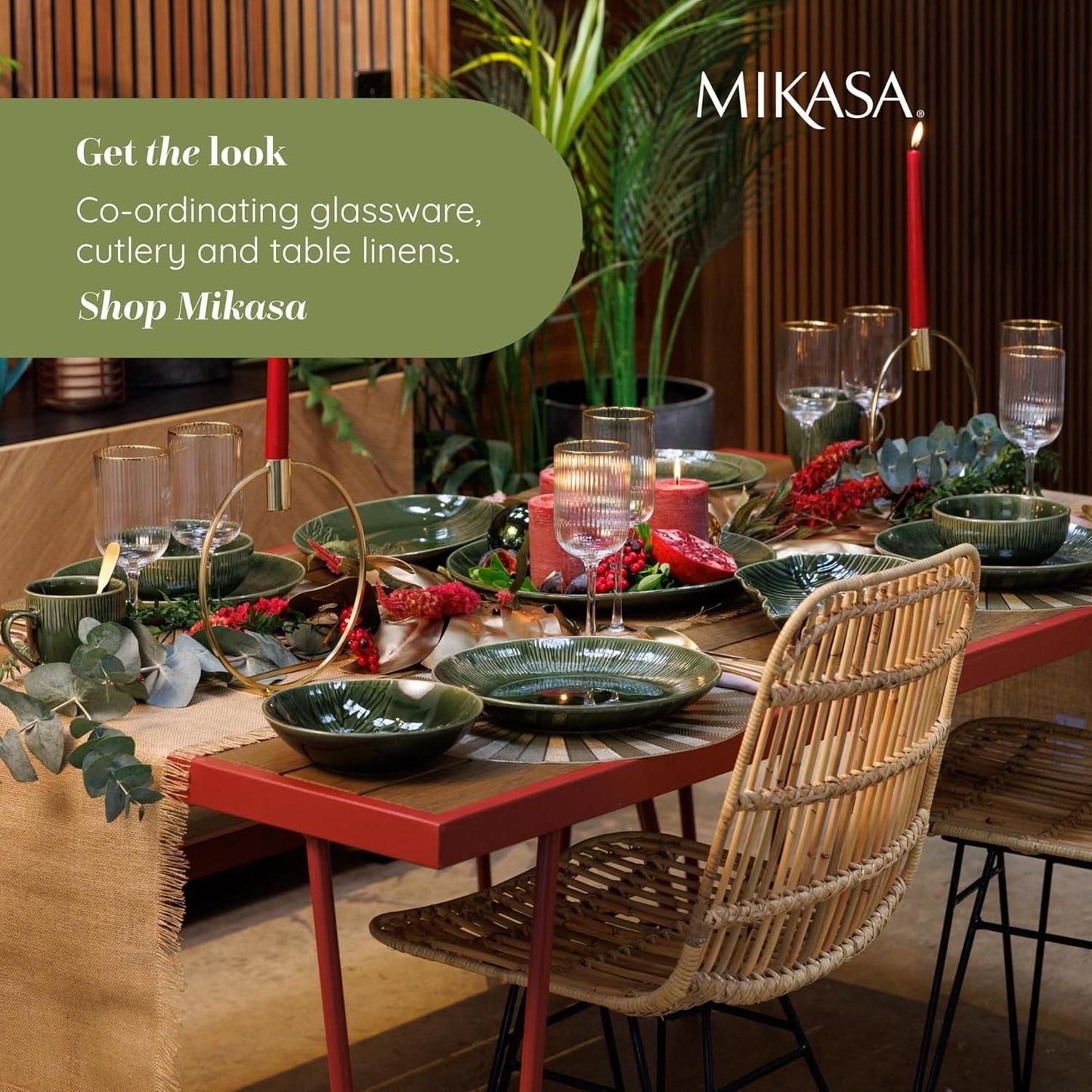 Mikasa Jardin Servizio Piatti 12 Pezzi, Servizio Piatti in Gres per 4 Persone con Piatti, Piattini e Ciotole, Verde - Confezione Regalo e Lavabile in Lavastoviglie