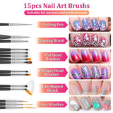 Set di spilli e decorazioni per nail art, Set di accessori per decorazione nail art, 15 pezzi di pinsel, 5 adesivi in ​​rilievo, 5 penne a punti, strasssteine ​​​​Nägel, ultra-colori paillette di gel per unghie artistiche