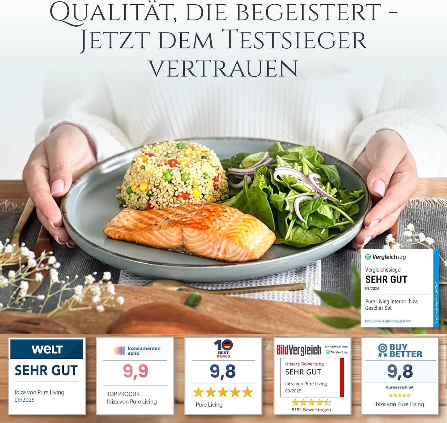 Steingut Geschirrset 6 Personen Rustico 24 tlg. TESTSIEGER, Hochwertiges Landhaussttil Steingut Geschirr Set, Schüssel- und Teller Set, Tafelservice 6 Personen, Geschirrsets Pure Living in Rauchblau