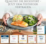 Steingut Geschirrset 6 Personen Rustico 24 tlg. TESTSIEGER, Hochwertiges Landhaussttil Steingut Geschirr Set, Schüssel- und Teller Set, Tafelservice 6 Personen, Geschirrsets Pure Living in Rauchblau