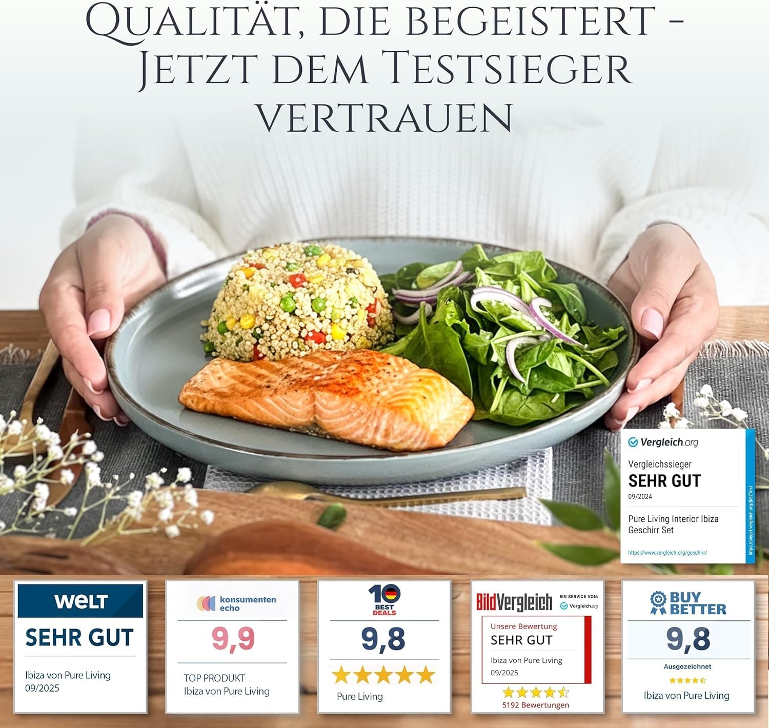 Steingut Geschirrset 6 Personen Rustico 24 tlg. TESTSIEGER, Hochwertiges Landhaussttil Steingut Geschirr Set, Schüssel- und Teller Set, Tafelservice 6 Personen, Geschirrsets Pure Living in Rauchblau