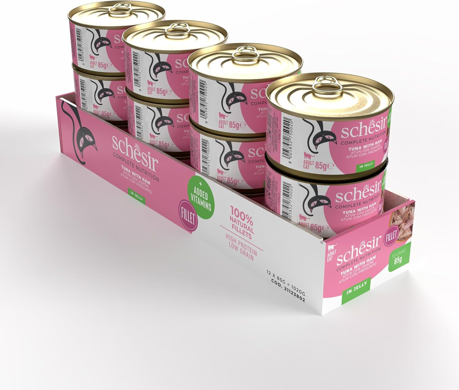 Tonno con prosciutto in gelatina, cibo umido per gatti, in scatola, 100% naturale, con aggiunta di vitamine, 12 x 85g