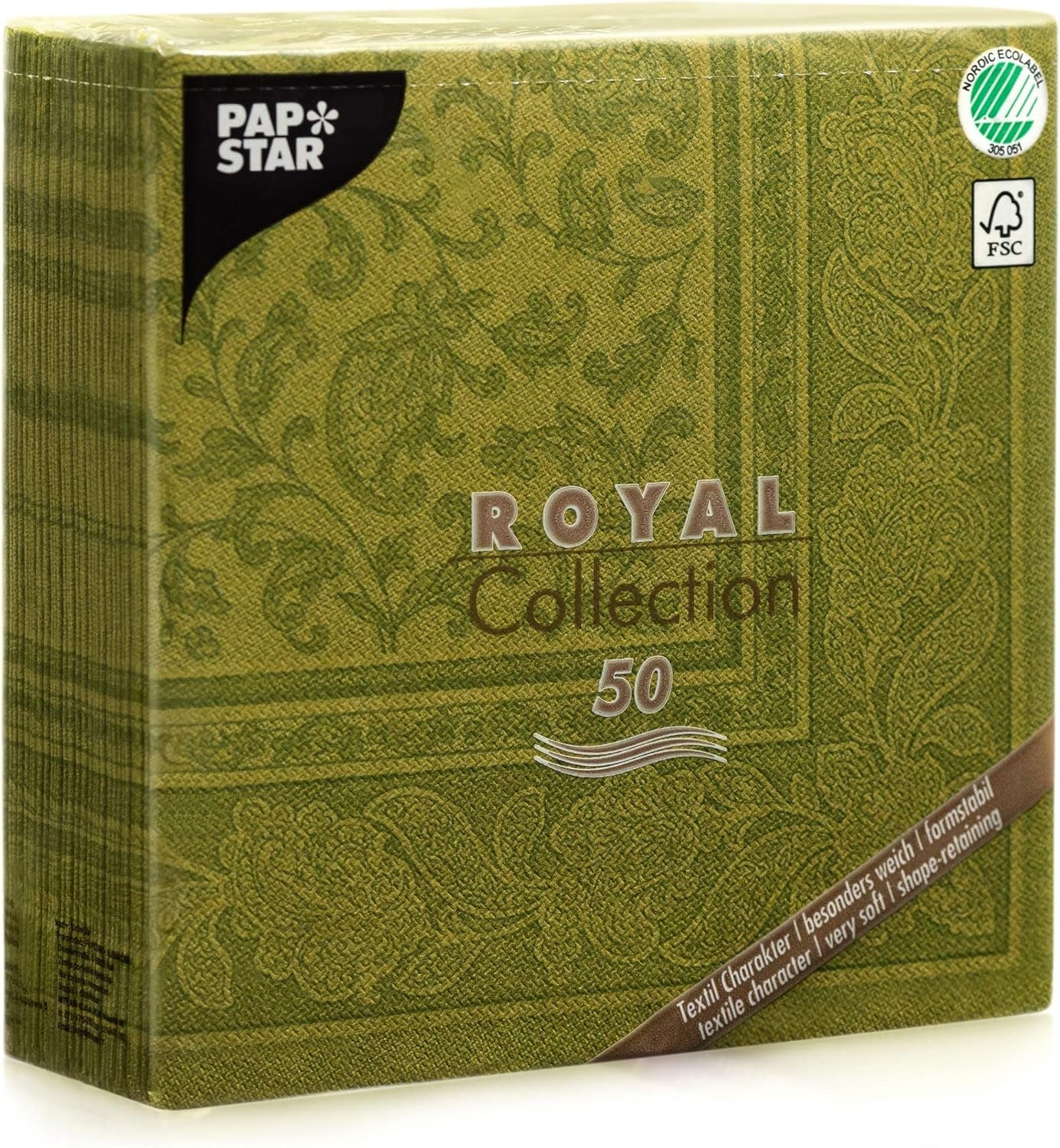 Papstar, 50 tovaglioli "ROYAL Collection" piega 1/4 40 Cm X 40 Cm verde oliva "Ornamenti", #81746