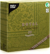 Papstar, 50 tovaglioli "ROYAL Collection" piega 1/4 40 Cm X 40 Cm verde oliva "Ornamenti", #81746