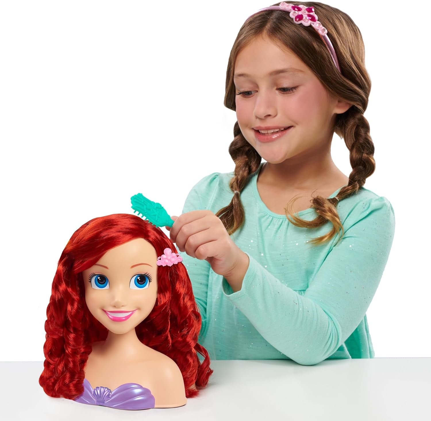 Ariel Just Play Testina per capelli della Principessa Disney 20 cm con accessori Set da 7 pezzi Giocattolo per capelli rossi per bambini dai 3 anni in su