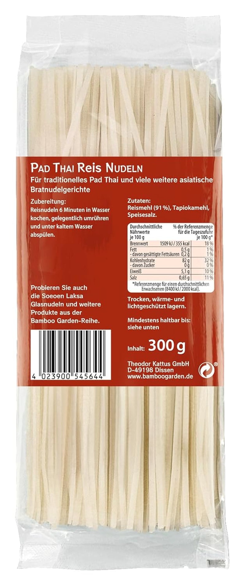 Bamboo Garden - Bastoncini di noodle di riso Pad Thai, per piatti tradizionali di noodle come Pad-Thai, vegani, 1 x 300 g (il design della confezione può variare)