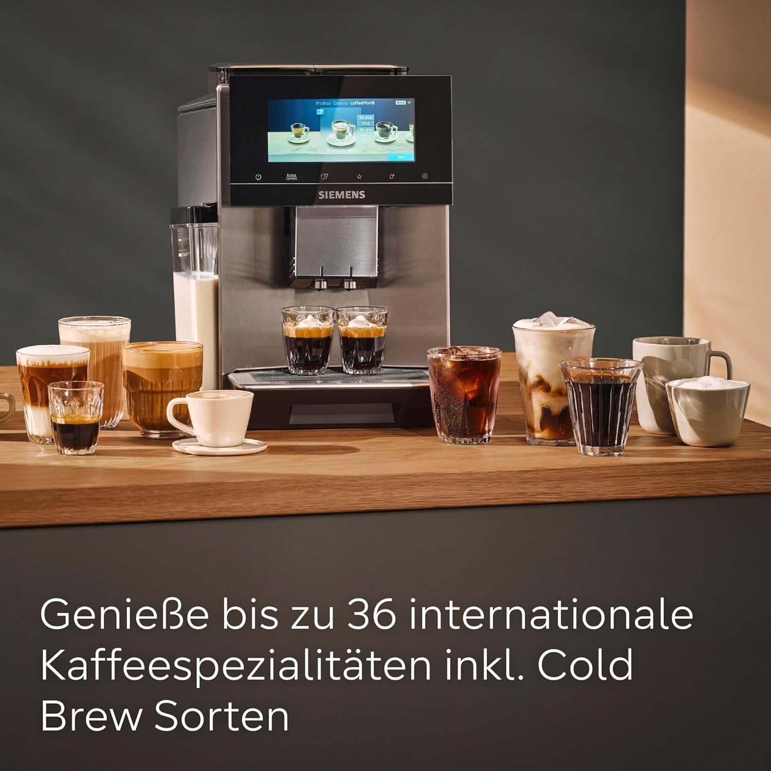 Macchina per caffè espresso automatica Siemens EQ900, ampio schermo a colori TFT, 2 contenitori di chicchi, 36 bevande calde e fredde, caffè freddo, super silenziosa, funzione due tazze, controllo app, acciaio inossidabile, TQ907D03