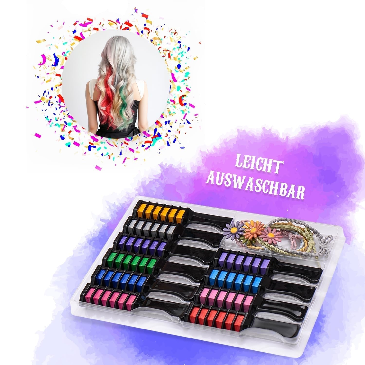 Set di gessi per capelli Magicat per ragazze I 10 colori lavabili e 5 elastici per capelli I Regalo per ragazze da 4 a 10 anni I Regalo creativo per la festa di compleanno dei bambini 2025 I Tinture per capelli sicure e colorate Naty Shop
