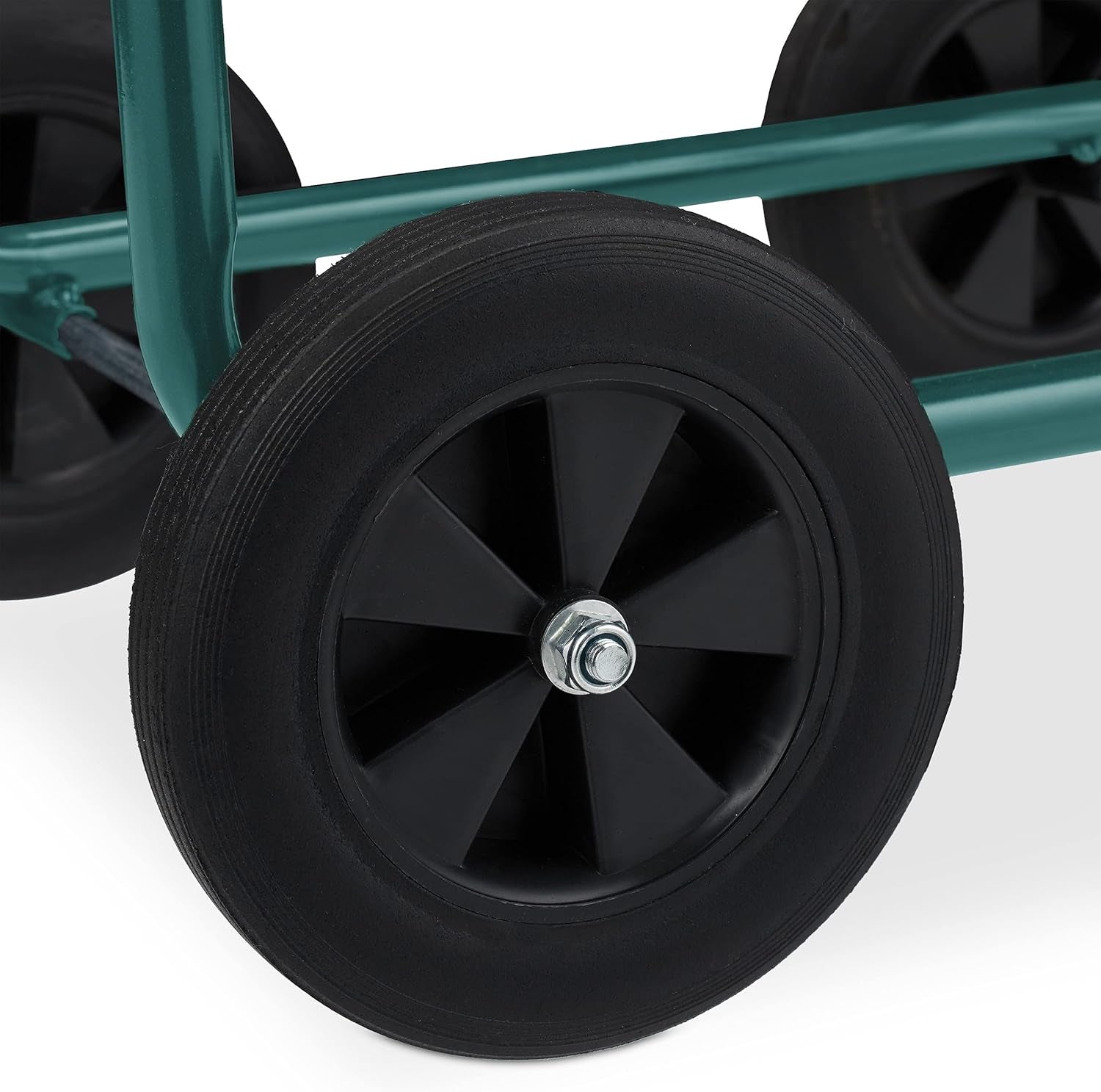 Relaxdays Carrello Portagomma Fino a 60m 4 Gomme in Gomma Piena Accoppiamento a Scatto Avvolgitubo in Metallo Dispenser per Tubo Verde
