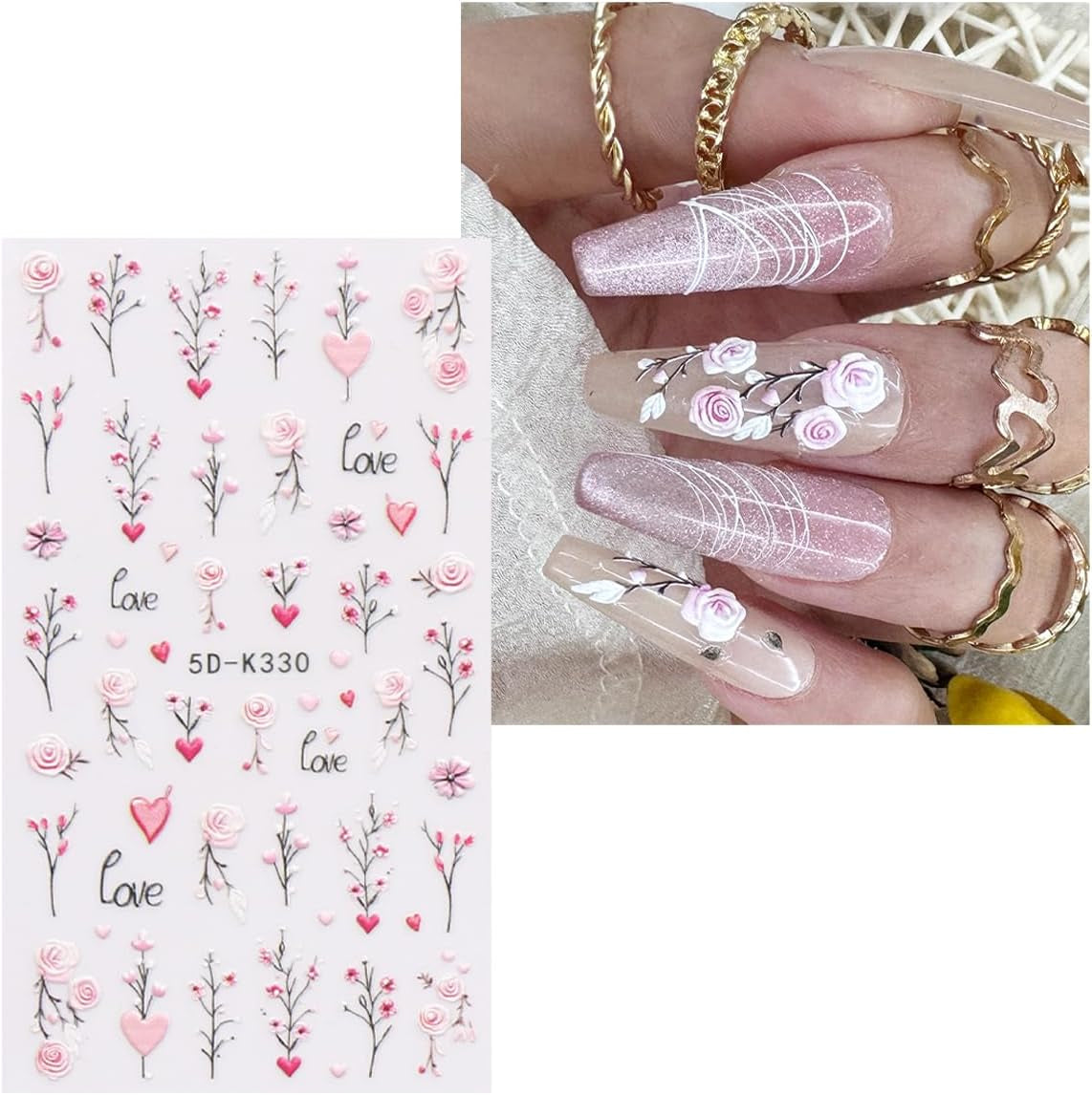 JMEOWIO 3D Nagelsticker Blumen Nail Art Sticker Selbstklebend Nagelaufkleber 5D Stereoscopico Frühling Sommer Dekoration Nageldesign Zubehör 4 Blatt